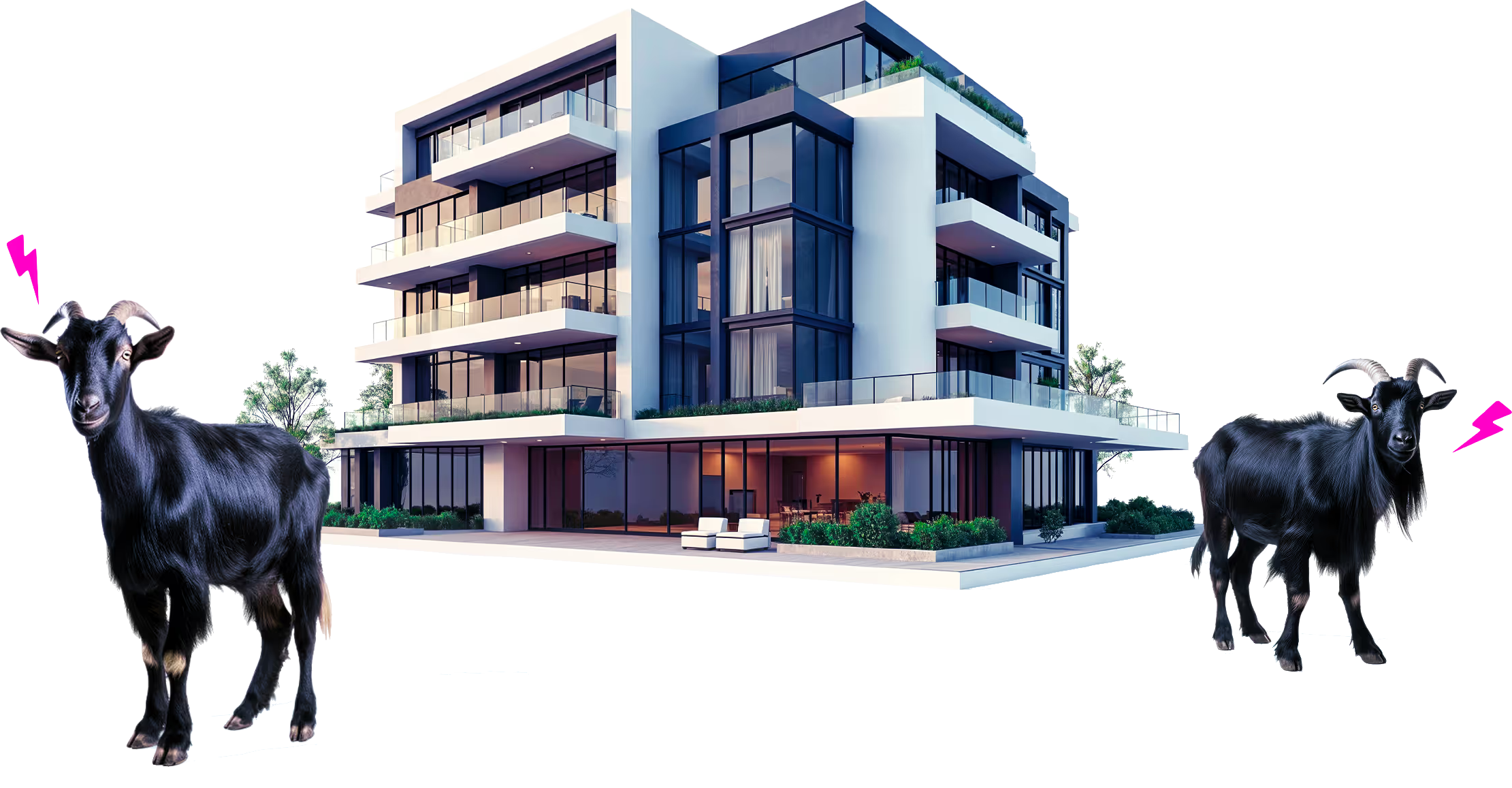 Artwork showing an apartment complex and two black goats.
